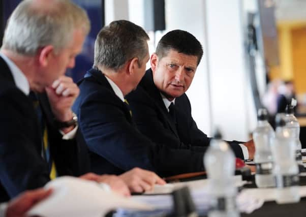 Yorkshires director of cricket Martyn Moxon seen, left, at the clubs recent annual meeting (Picture: Simon Hulme).