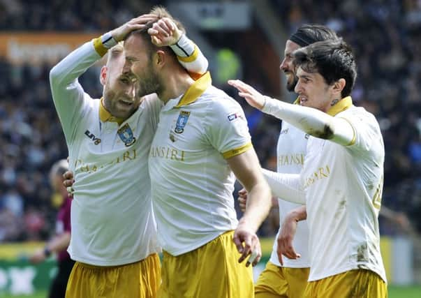 Goal: Jordan Rhodes celebrates his goal for the Owls against Hull.