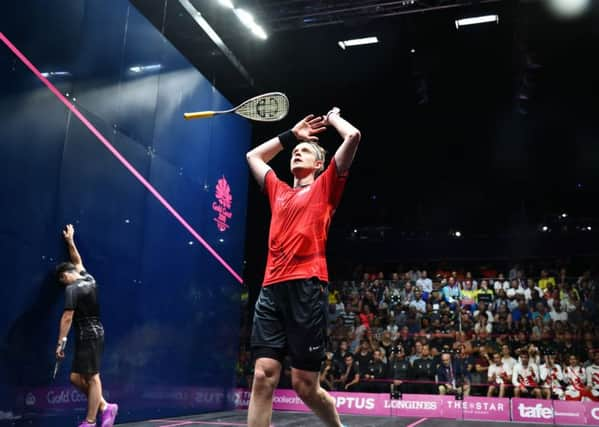 MAGIC MOMENT: James Willstrop celebrates winning Commonwealth Games gold against Paul Coll. Picture: World Squash Federation/Toni van der Kreek.