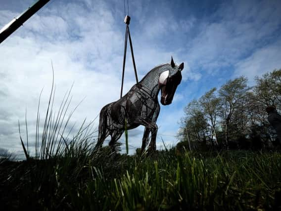 The war horse being lowered into place.