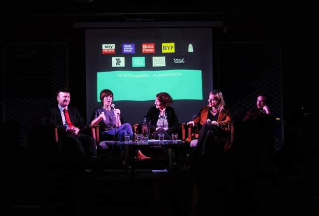 Leeds Digital Festival panel discussion, Are you plugged in? How digital is transforming news. From left, Greg Wright (Deputy Business Editor Yorkshire Post), Anna Doble (Editor Newsbeat Online BBC), Kate Nash (Director Of Education Leeds University School of Media & Communication), Ana Jakimovska (Head of Product Sky News) and Tom Philips (UK Editorial Director Buzzfeed).
28th April 2016.
Picture : Jonathan Gawthorpe