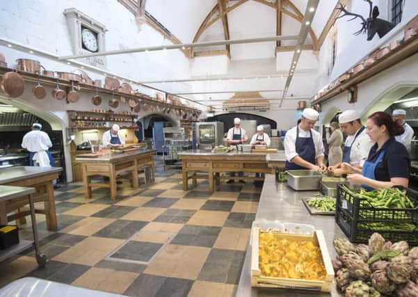 The royal kitchen at Windsor Castle where preparations are underway for the reception banquet after the wedding of Prince Harry and Meghan Markle.