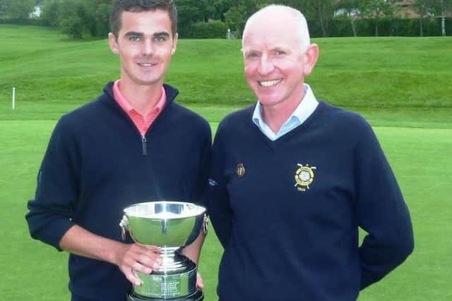 Malton & Norton's David Hague pictured with then Pannal captain Jonathan Clayton after Hague's Pannal Rose Bowl win in 2016.